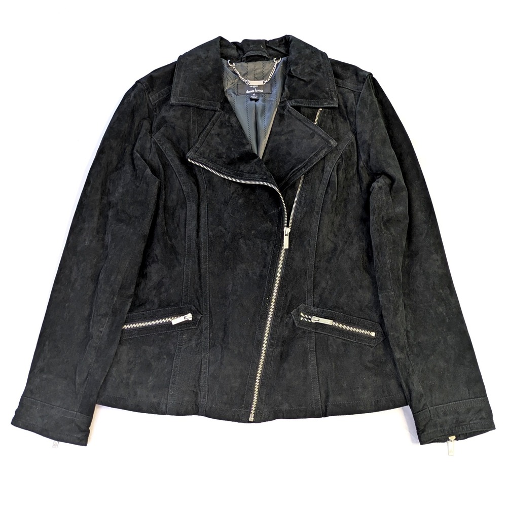 Dennis Basso Black Suede Leather Moto Jacket Asymmetrical Zip Biker Coat Women M